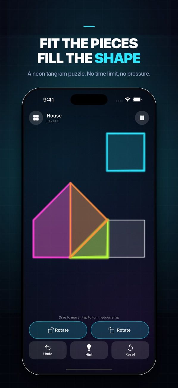 Glowform App Store screenshot captioned “Fit the pieces, fill the shape”, showing a neon tangram puzzle in progress.